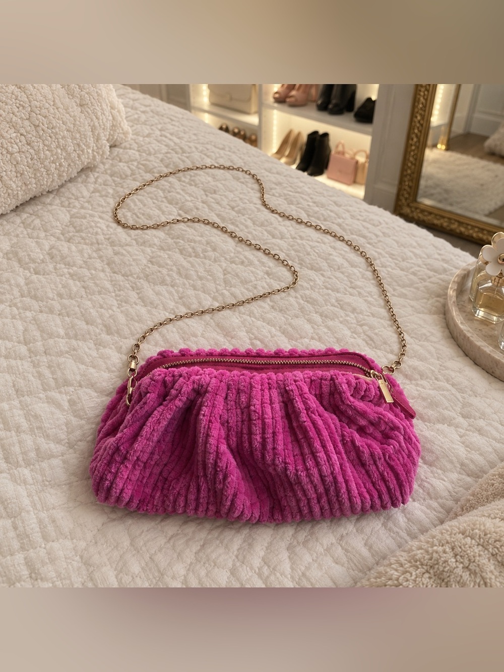 Plush Pink Chain-Handle Shoulder Bag